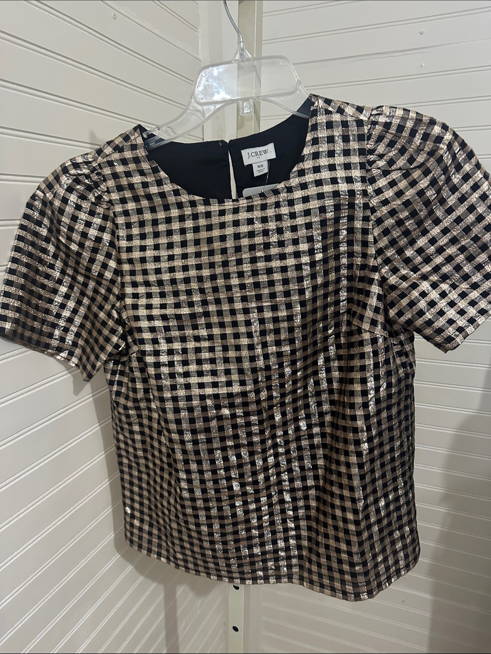 J. Crew Black and Gold Checked Puff- Sparkle Metallic Sleeve Shirt Top XS